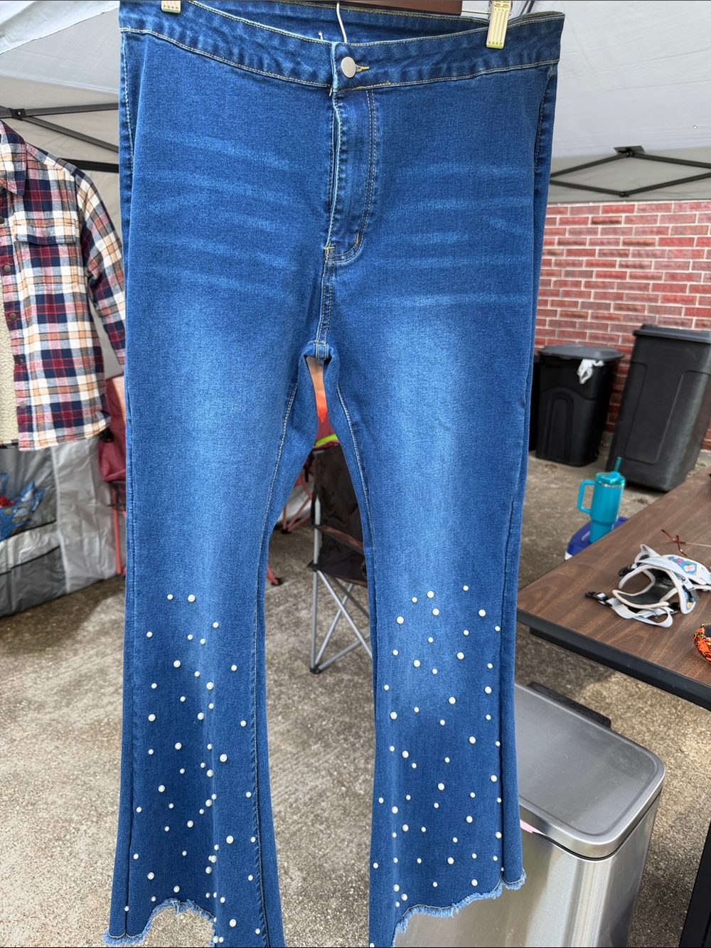 Blue Embellished Flare Jeans with Pearl Studs
